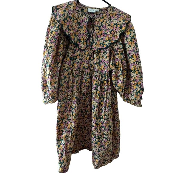 Vila Floral Puff Sleeve Peasant Coquette Mini Dress Ruffled Collar - Picture 1 of 7